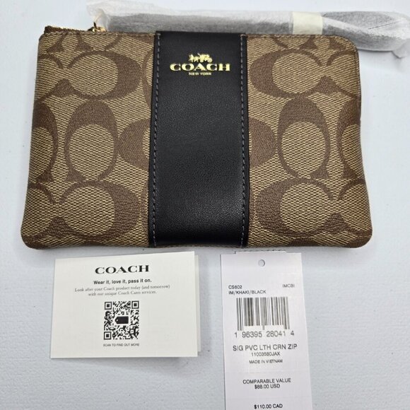Coach Corner Zip Leather Wristlet Signature Canvas Gold Zipper Khaki Black - Picture 5 of 5